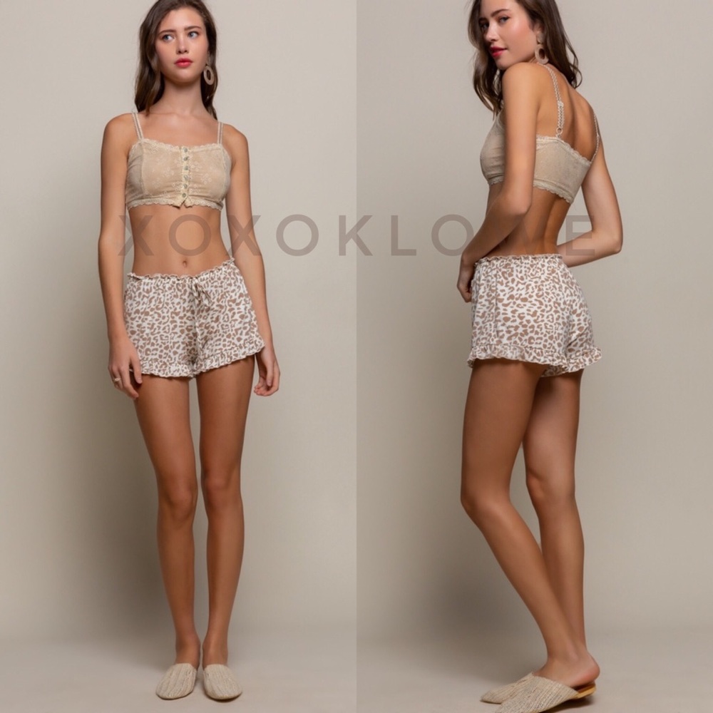 POL Cream & Taupe Leopard Print Soft Knit Ruffle Trimmed Shorts - Picture 9 of 16